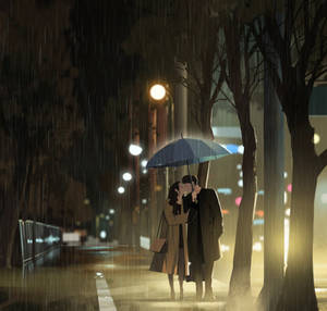 情侶在雨中夜晚的城市人行道上，在雨傘下接吻。 — 愛心 壁紙