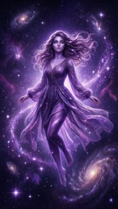 一位紫髮紫袍的女子漂浮在發光的星星與星系之間。