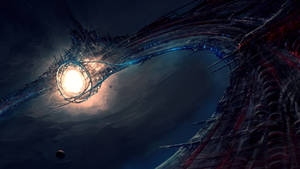 未來太空站環繞深空中一顆明亮的恆星運行。 — 未來風格動態圖 壁紙