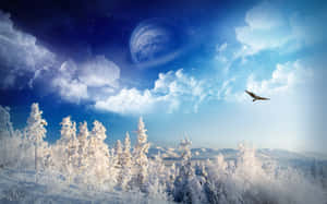 鷹在雪覆蓋的森林上空飛翔，天空中有發光的行星和雲。 — 冬日美學 壁紙
