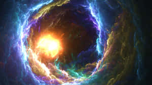 一個色彩繽紛的宇宙隧道，帶有發光核心和旋轉星雲