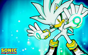 Silver the Hedgehog 以動漫風格，帶着發光環圈，襯托藍色閃亮背景。 — 火影忍者海報 壁紙