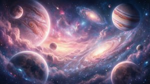 色彩繽紛的行星和星系漂浮在充滿星星和星雲的夢幻宇宙天空中。 — 夢境 GIF 壁紙