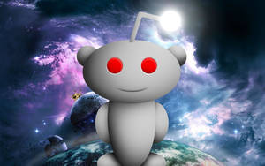 白色外星人吉祥物，紅眼睛，在一個繁星點點的宇宙場景中的行星上。