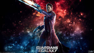 Star-Lord 在太空中發射武器，身後有紅色和藍色星雲。
