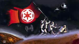 風暴兵在沙漠星球上插上帝國旗幟，死星在天空中。