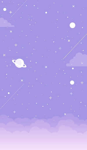 以簡約數位藝術風格呈現的紫色天空，點綴星星、行星和雲朵。 — 深紫色美學 GIF 壁紙