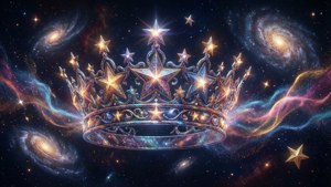 一頂鑲嵌寶石的皇冠，點綴著星星，背景是充滿活力的宇宙。 — 皇冠 壁紙