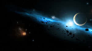 一個充滿活力的宇宙場景，深空中有藍色星雲、小行星和行星。