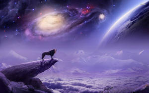 懸崖上俯瞰雲海和星系的獅子 — 銀河系 壁紙