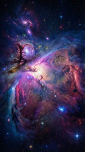 紫色、藍色、粉色的宇宙星雲與繁星，專為三星手機設計的壁紙