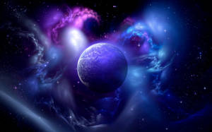 一顆藍色行星被深空中發光的宇宙雲和星星環繞。