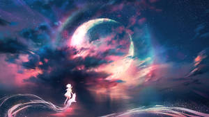 動漫女孩與狐狸在發光月亮下，色彩繽紛的宇宙天空