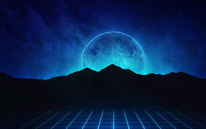 黑暗山脈下發光的藍色行星，霓虹網格地板，星空。