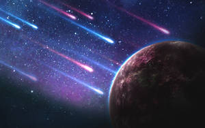 行星，發光的流星在色彩繽紛的星空飛過。