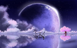 兩個人坐在桌子旁，下方是一個巨大的發光行星，旁邊有一棵粉紅色的櫻花樹。