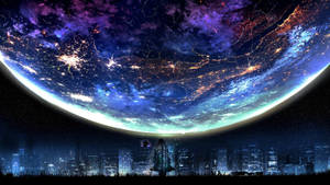 發光外星行星下的未來城市，帶有宇宙雲和城市燈光。