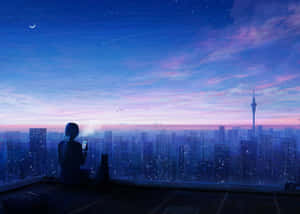星空下，黃昏時在屋頂上與貓一起觀看城市天際線的人。