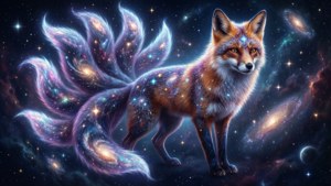 一隻尾巴是銀河的狐狸，站在星光燦爛的宇宙場景中，有旋轉的星雲和遙遠的星系。