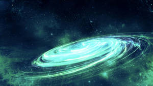 一個發光的青綠色螺旋星系在佈滿星空的宇宙虛空中，帶有星雲。