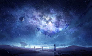 小孩與狗看著宇宙鯨魚在星空下滑行。