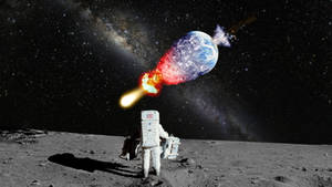 月球上的太空人觀看彗星飛過發光行星在星空