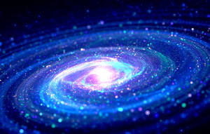 一個閃爍的螺旋星系，帶有藍色和紫色色調，被星星環繞。