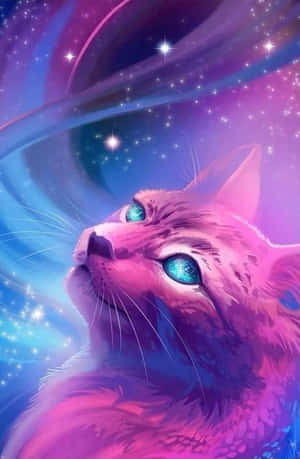 一隻粉紅色嘅貓，有發光嘅眼睛，仰望星空宇宙。 — 淺紫色動態圖片 壁紙