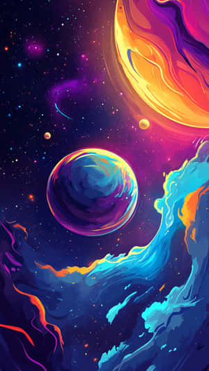 充滿活力的宇宙場景，繁星點點的夜空中有發光的行星和色彩繽紛的星雲 — 太空 壁紙
