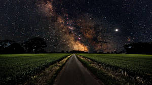 一條穿過田野的道路，上方是星空夜空，銀河可見。