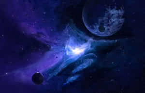 充滿活力的藍色和紫色星雲，行星漂浮在滿天星辰的空間中。