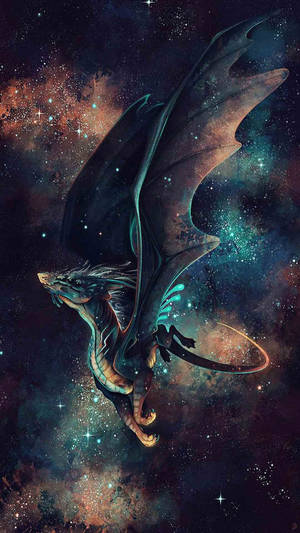 一條龍帶著發光的翅膀飛過色彩繽紛的星空星系。