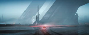一輛紅色汽車在日落時分行駛在未來城市中，周圍是霧氣瀰漫的藍色摩天大樓。