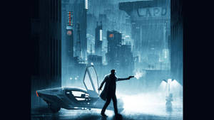 一個穿著風衣的男人在雨夜的霓虹城市中，從一輛未來主義的汽車中開槍。