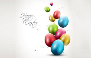 色彩繽紛的光澤復活節彩蛋與五彩紙屑和草書Happy Easter文字一起漂浮。