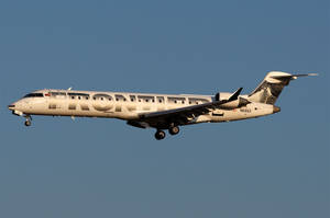 Frontier Airlines 噴射機在晴朗藍天下下降準備著陸