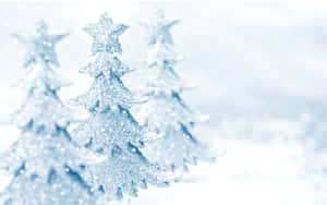 被雪覆蓋的松樹，頂部有星星，在雪白的冬季場景中。 — 銀色 壁紙