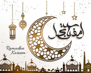 Ramadan Kareem 問候，帶有新月和清真寺剪影。