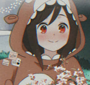 動漫女孩穿著小熊連帽衫，拿著櫻花，背景柔和。 — 可愛動漫女仔 壁紙