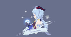 動漫角色甘雨手持發光雪球，雪花在她周圍飄落。 — 原神 壁紙