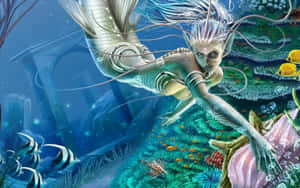 一位銀色頭髮的美人魚在發光的水下場景中游過珊瑚和熱帶魚。