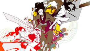 動漫武士以鮮豔色彩和動態線條擺出戰鬥姿勢。 — 日本武士 壁紙