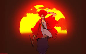 紅髮動漫戰士身穿斗篷，手持劍，面對熾熱的夕陽。