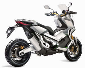 銀色Honda ADV探險電單車，帶黑色飾件和堅固輪胎，白色背景。