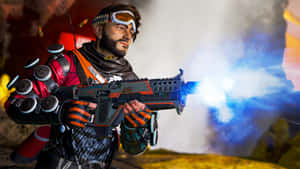 士兵發射帶有藍色槍口閃光和煙霧的未來武器。