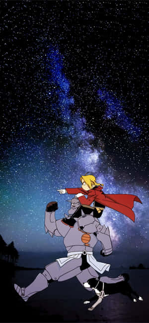 動漫女孩騎機械人與狗在星空下
