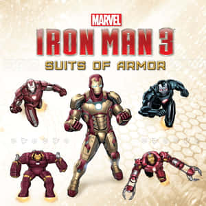 五套來自Iron Man 3的鐵甲奇俠裝甲以動態姿勢漂浮。