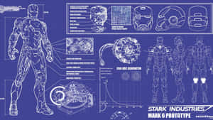 Iron Man Mark 6 裝甲的技術藍圖，帶有標籤的部件和斯塔克工業標誌。 — 設計 壁紙