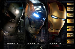 三款 Iron Man 戰甲，從 Mark 1 到 Mark 3，帶有發光眼睛和科技疊加層。 — 鋼鐵人 壁紙