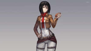 穿著制服的動漫女孩，表情嚴肅地拿著麵包卷。 — 米卡莎·阿卡曼 壁紙